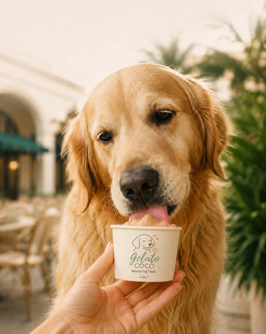 Golden retriever enjoying a Gelato Coco pup cup at a Quore boutique in Miami