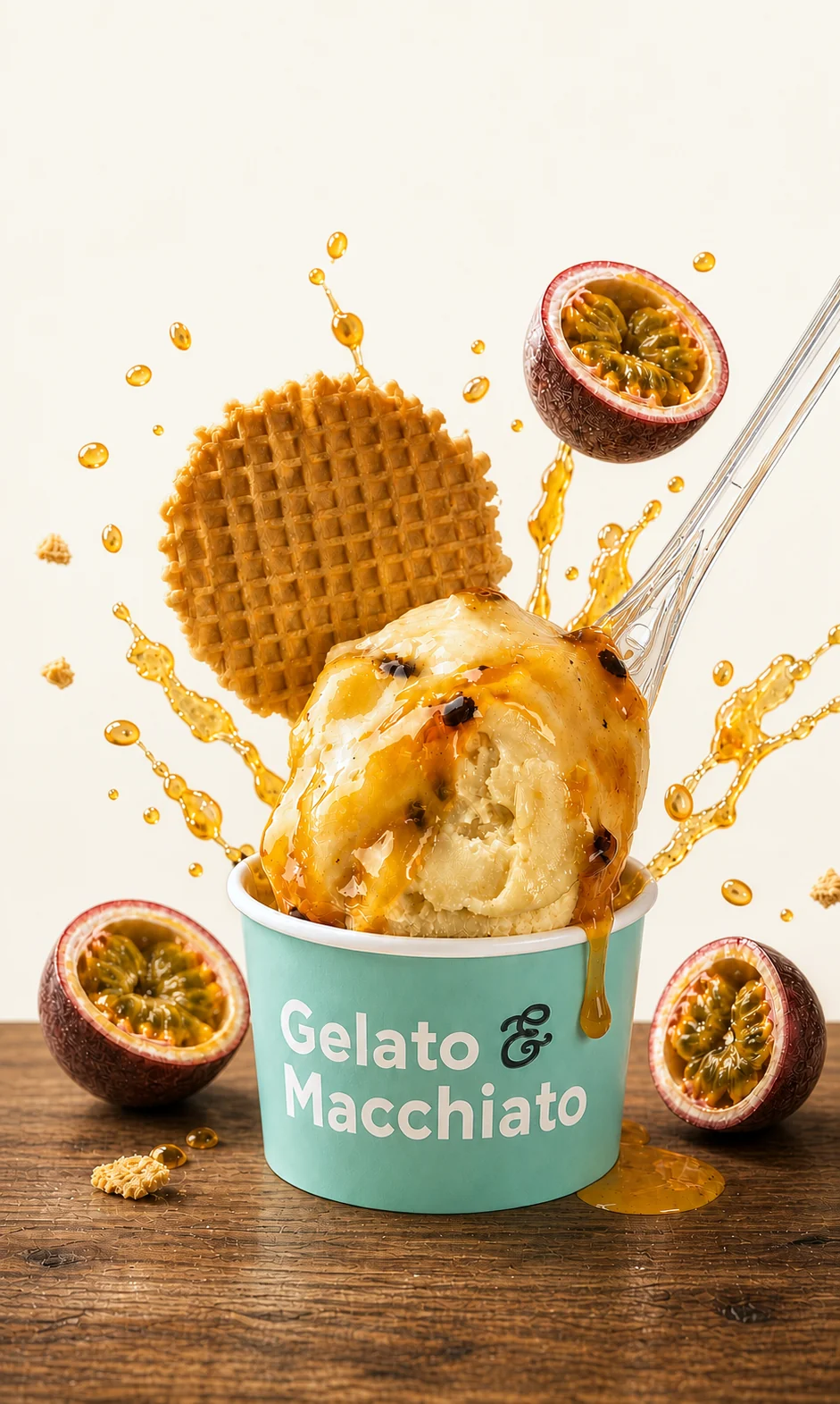 Passion fruit gelato with Italian waffle and fresh passion fruit, crafted at the Gelato & Macchiato factory in Miami