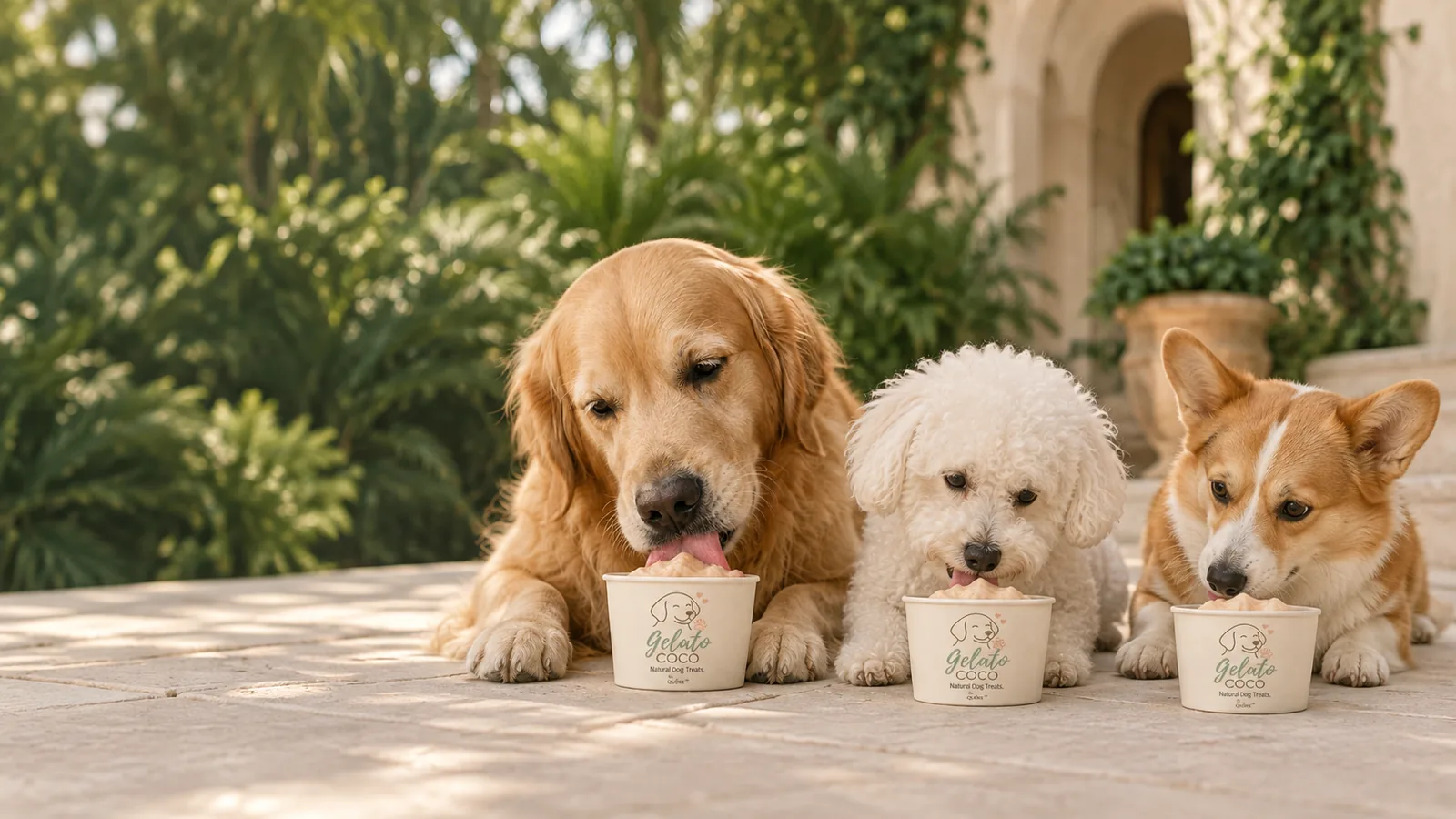Three dogs on a sunlit terrace eating Gelato Coco from branded cups: a golden retriever, a bichon frisé and a corgi