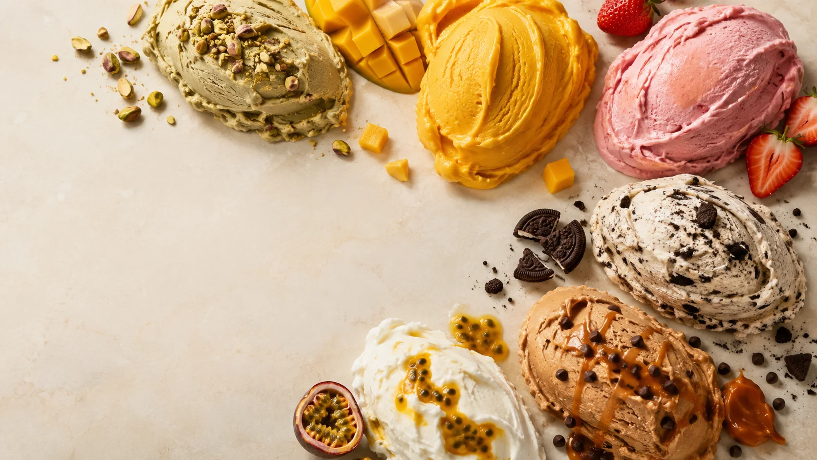 Scoops of pistachio, mango, strawberry, cookies and cream, dulce de leche and passion fruit gelato from the Gelato & Macchiato factory in Miami