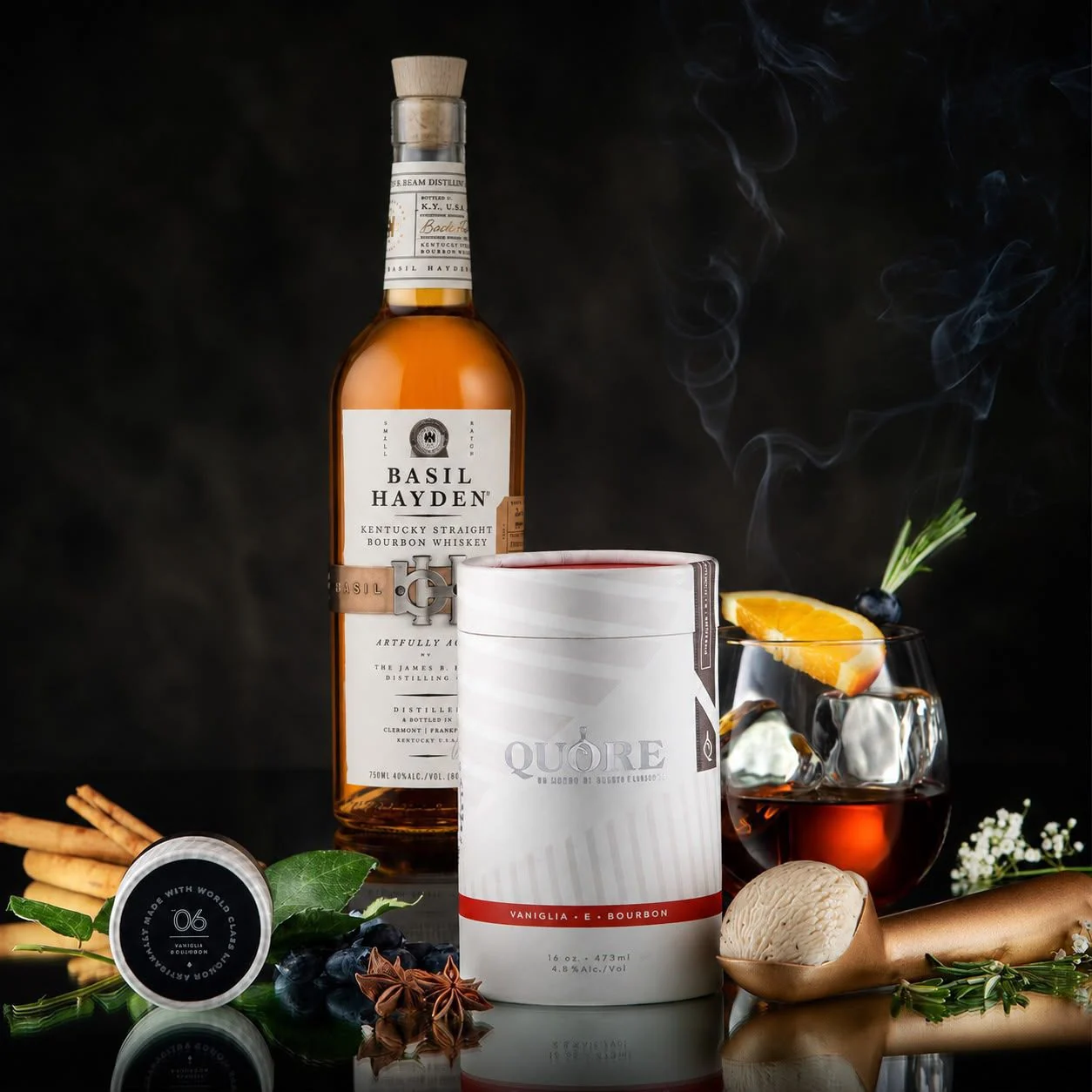 Quore Vaniglia e Bourbon artisan gelato beside Kentucky straight bourbon whiskey, 21+ gelato made in Miami